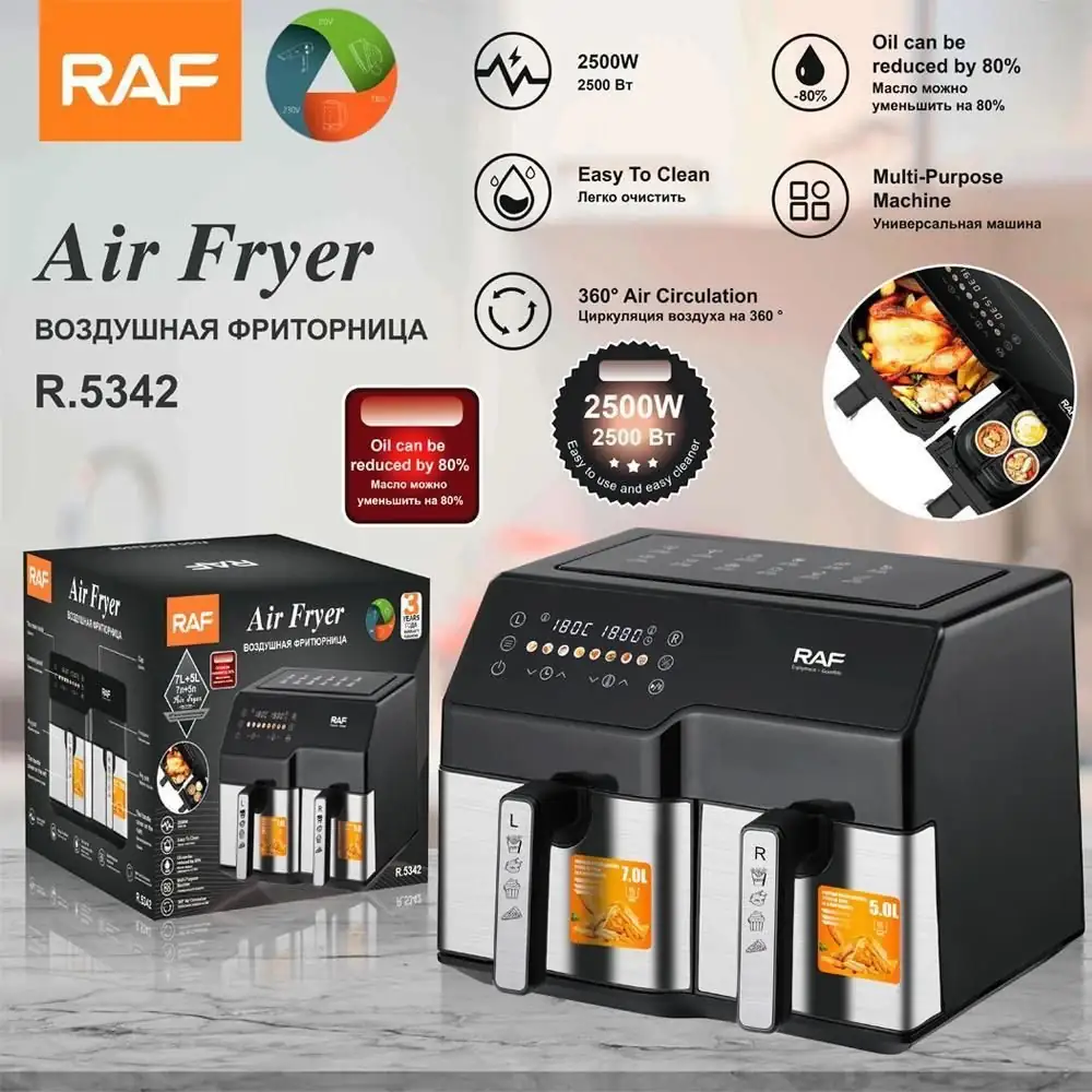 WYYFvNiIxxqFojE0gcIvYBYNYyC9sV1RXxTnqdpi Friteuse à air chaud RAF, Double la saveur, divise le gras ! La friteuse à air chaud RAF à double panier vous permet de cuisiner deux plats à la fois – Image 1