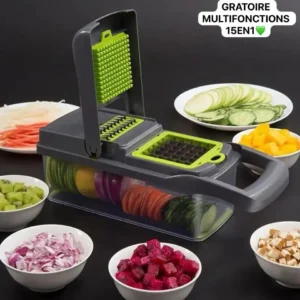 Râpe multifonction 15-en-1, Préparez vos repas en un clin d'œil avec notre râpe 15-en-1 ! Émincez, hachez, râpez, juliennez