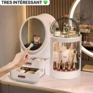 Rangement avec miroir LED et niveaux, Boîte de rangement maquillage avec miroir LED, Organisez votre beauté en toute simplicité