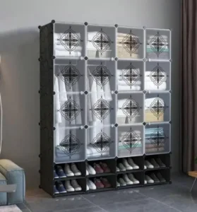Notre armoire de rangement en plastique à 4 colonnes offre un large espace de stockage pour vos vêtements, chaussures et autres affaires, Design moderne et pratique