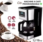 Cafetière programmable 12 tasses, Réveillez-vous avec l'arôme du café frais, Facile à utiliser, elle vous permet de programmer votre café à l'avance et de profiter d'un délicieux café chaque matin