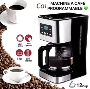 Cafetière programmable 12 tasses, Réveillez-vous avec l'arôme du café frais, Facile à utiliser, elle vous permet de programmer votre café à l'avance et de profiter d'un délicieux café chaque matin