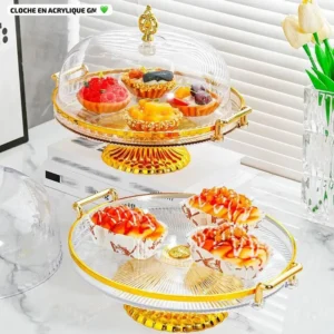 Cloche en acrylique avec plateau tournant et base dorée - Présentoir élégant pour gâteaux, pâtisseries, fromages ou autres gourmandises, Idéal pour les fêtes, les événements et la décoration intérieure