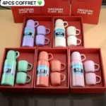 4PCS COFFRET, Ensemble de 4 bouteilles isothermes avec revêtement poudré et tasses assorties, Maintien au chaud/froid longue durée, Idéal pour les boissons, le café, le thé et les déplacements