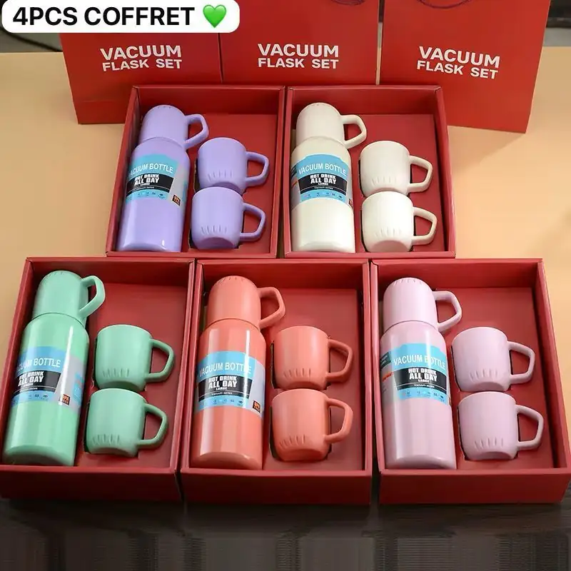 IMG-20250216-WA0057 4PCS COFFRET, Ensemble de 4 bouteilles isothermes avec revêtement poudré et tasses assorties, Maintien au chaud/froid longue durée, Idéal pour les boissons, le café, le thé et les déplacements – Image 1