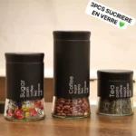 3PCS SUCRIERE EN VERRE - Ensemble de 3 pots en verre avec couvercles et étiquettes - Rangement élégant pour le sucre, le café, le thé et autres ingrédients – Image 6