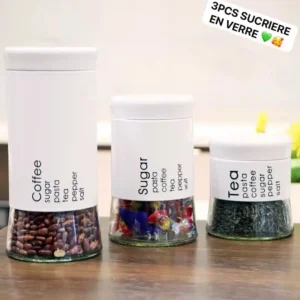 3PCS SUCRIERE EN VERRE - Ensemble de 3 pots en verre avec couvercles et étiquettes - Rangement élégant pour le sucre, le café, le thé et autres ingrédients