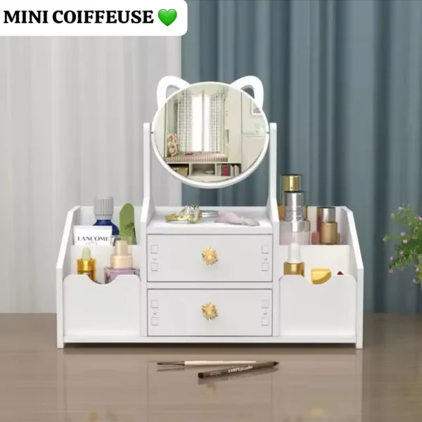Mini Coiffeuse de Bureau avec Miroir et Tiroirs - Organisateur de Maquillage et Bijoux - Design Chat Adorable - Blanc – Image 3