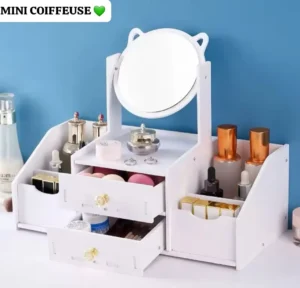 Mini Coiffeuse de Bureau avec Miroir et Tiroirs - Organisateur de Maquillage et Bijoux - Design Chat Adorable - Blanc