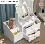 Mini Coiffeuse de Bureau avec Miroir et Tiroirs - Organisateur de Maquillage et Bijoux - Design Chat Adorable - Blanc – Image 5