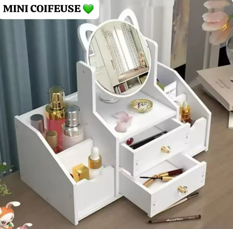 Mini Coiffeuse de Bureau avec Miroir et Tiroirs - Organisateur de Maquillage et Bijoux - Design Chat Adorable - Blanc – Image 5