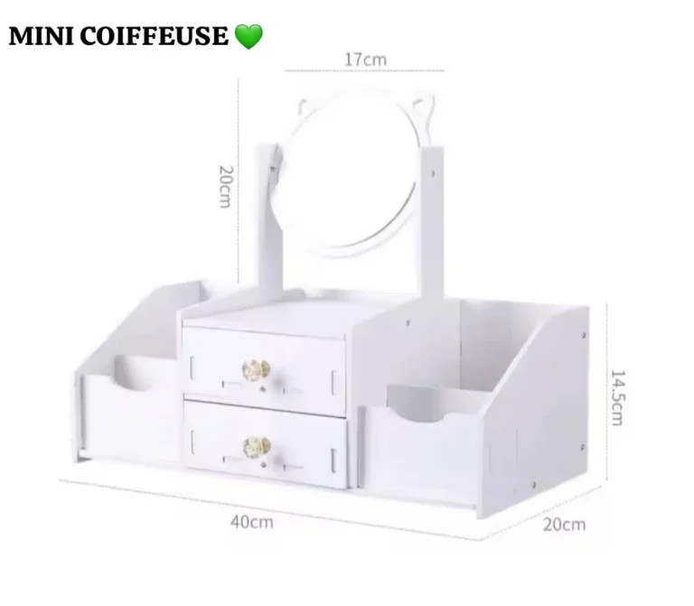 Mini Coiffeuse de Bureau avec Miroir et Tiroirs - Organisateur de Maquillage et Bijoux - Design Chat Adorable - Blanc – Image 2