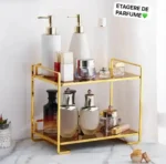 Étagère à Parfums Design Dorée à 2 Niveaux - Plateau en Verre Teinté - Rangement Élégant pour Maquillage et Cosmétiques