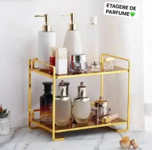 Étagère à Parfums Design Dorée à 2 Niveaux - Plateau en Verre Teinté - Rangement Élégant pour Maquillage et Cosmétiques