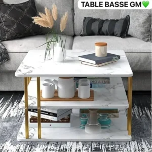 Table Basse Design Umi GM avec Plateau Effet Marbre, Double Étagère de Rangement et Structure Métallique Dorée - Élégance et Fonctionnalité pour Votre Salon
