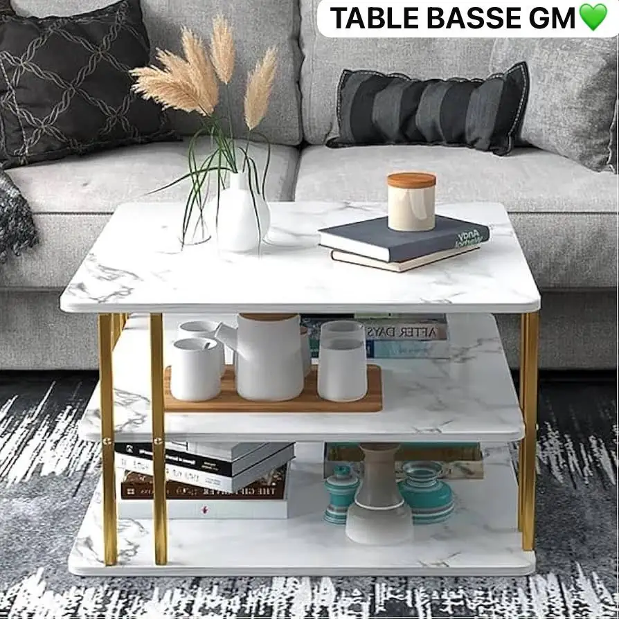 WhatsApp Image 2025-04-05 à 10.54.27_090ac725 Table Basse Design Umi GM avec Plateau Effet Marbre, Double Étagère de Rangement et Structure Métallique Dorée - Élégance et Fonctionnalité pour Votre Salon – Image 1