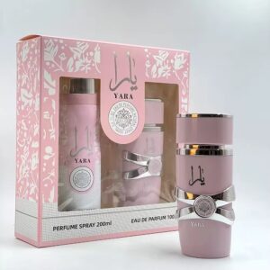 Coffret Cadeau Yara Lattafa, Eau de Parfum Gourmande et Fruitée (100ml) et Déodorant Parfumant Assorti (200ml) pour Femme