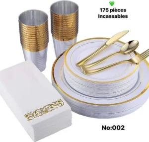 Set de Vaisselle Jetable de Luxe 175 Pièces – Incassable, Doré et Blanc pour Événements Prestigieux