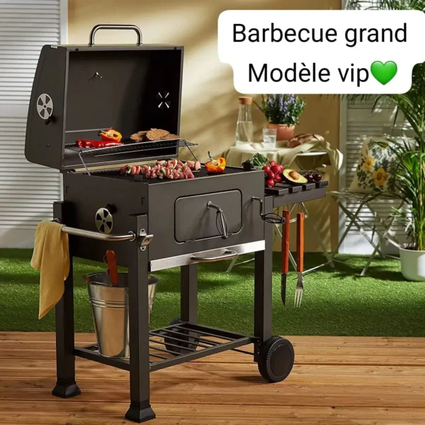 Barbecue Charbon de Bois sur Chariot "VIP" avec Couvercle et Étagère Latérale – Grande Surface de Cuisson – Image 2