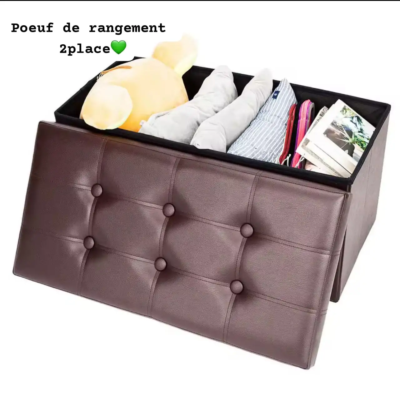 WhatsApp Image 2025-05-24 à 22.05.06_ed48bd25 Pouffe de Rangement Pliable 2 Places en Similicuir Capitonnage Élégant – Marron et Noir – Image 1