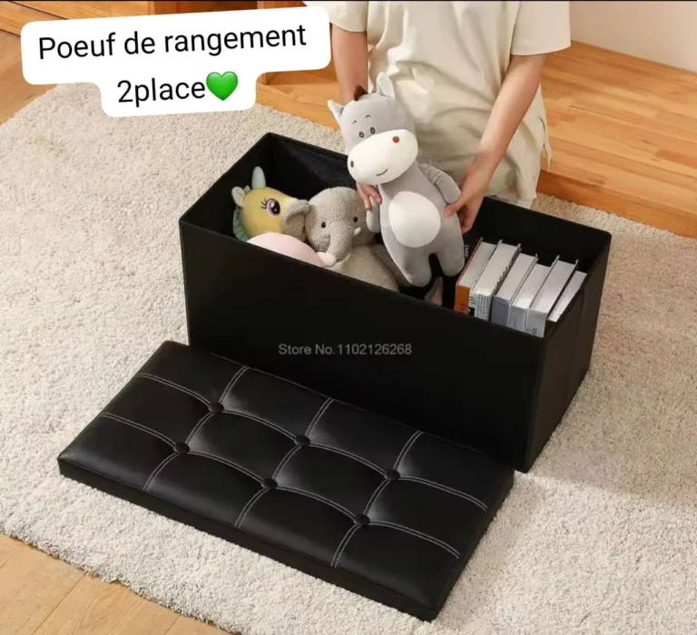 Pouffe de Rangement Pliable 2 Places en Similicuir Capitonnage Élégant – Marron et Noir – Image 2