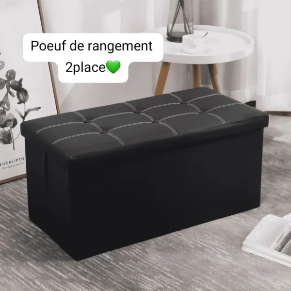 Pouffe de Rangement Pliable 2 Places en Similicuir Capitonnage Élégant – Marron et Noir – Image 4