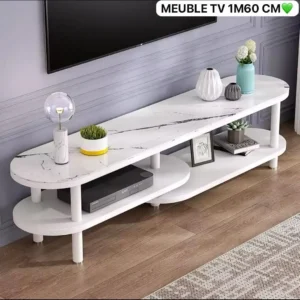 Meuble TV Design Ovale de 1M60 avec Plateau Effet Marbre et Pieds Métalliques – Élégance Moderne pour Votre Salon