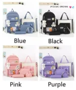 Lot de Sacs à Dos 5 Pièces Original – Style Coréen Tendance pour Étudiants, Écoliers et Voyageurs – Disponible en Bleu, Noir, Rose et Violet
