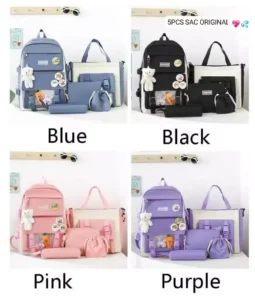 Lot de Sacs à Dos 5 Pièces Original – Style Coréen Tendance pour Étudiants, Écoliers et Voyageurs – Disponible en Bleu, Noir, Rose et Violet