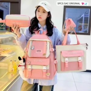 Lot de Sacs à Dos 5 Pièces Rose Pastel "Monday" - Style Kawaii Tendance pour Étudiants, Écoliers et Voyageurs