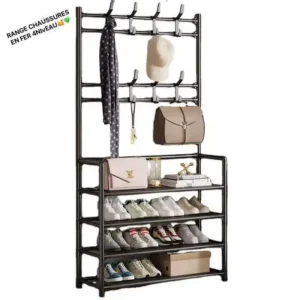 Range-Chaussures en Fer 4 Niveaux avec Porte-Manteaux – Étagère de Rangement Multifonction pour Entrée et Chambre