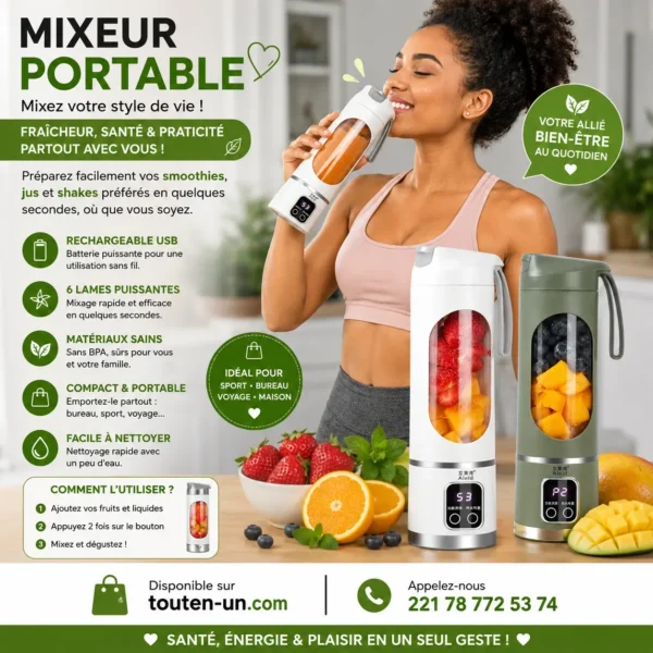 Mixeur Portable Rechargeable USB – Mini Blender Électrique Intelligent avec Écran Digital LED pour Smoothies, Jus Frais et Shakes de Sport (Modèle Aleld) – Image 5