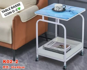 Table Basse de Coin G-2 – Table d’Appoint Mobile avec Plateau Effet Marbre Bleu, Étagère et Roulettes (45x45 cm)